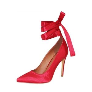 Red satin lace up pumps high heels